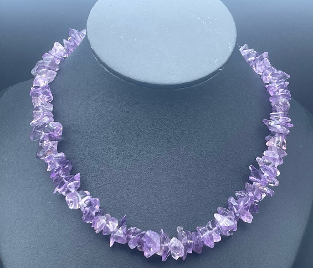 Vintage Amethyst Chip 15" Necklace Barrel Clasp Purple Gemstone Handmade Jewelry
